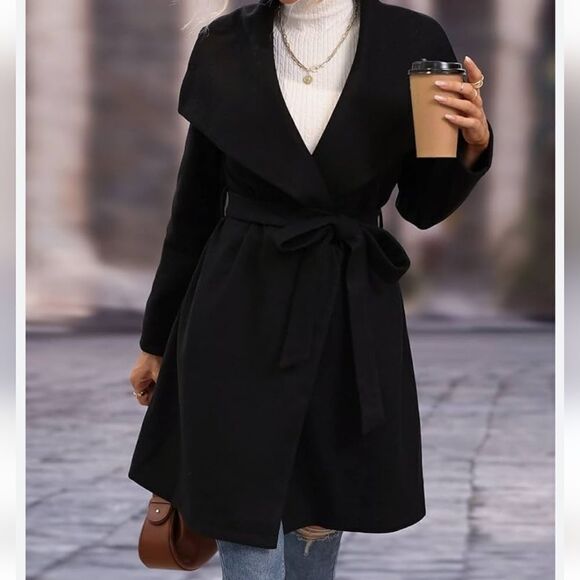 ALFANI Wool Blend Wrap Coat Hooded Black  Size S/M Like New - Picture 1 of 12